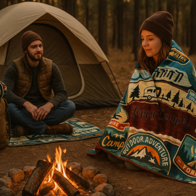 Couverture-polaires-camping-couple-feu-de-bois