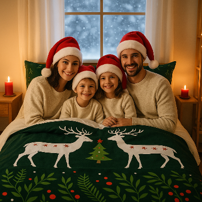 housse de couette verte Noel magique famille dans le lit avec un bonnet de Noel 